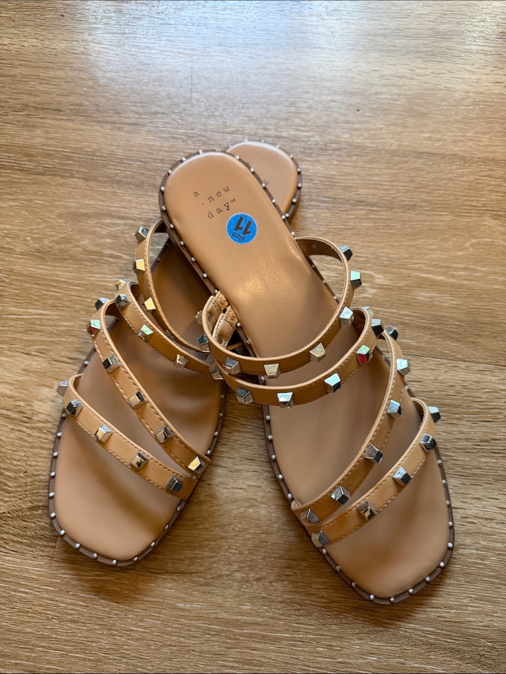 a new day Tan Pyramid-Stud Multi-Strap Slide Sandals